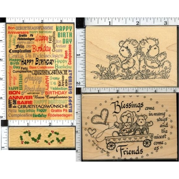 Lot/4 Hampton Art Wood Mount Rubber Stamps birthday teddies blessings holly S2 - Picture 1 of 9